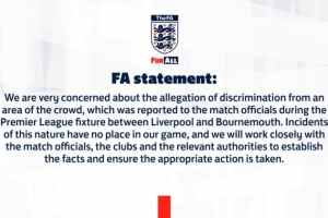 英足总官方：对塞梅诺遭种族歧视保持关注，将查明事实并采取行动